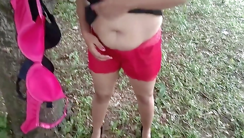 Sonal Bhabhi Flashing In Public Outdoor Wearing Bra Under Tree