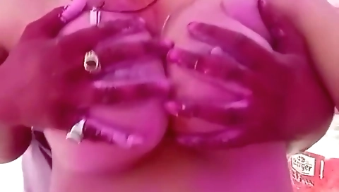 Husband Is Playing Big Boobs Of Pregnant Wife In Holi - Huge Boobs
