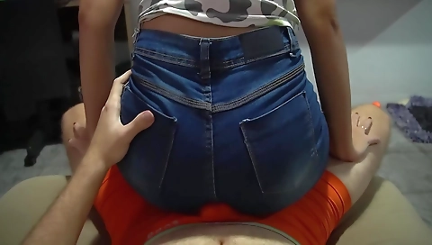 My Tight Jeans Shorts Pushed Him Over The Edge, Cumming In His Pants !